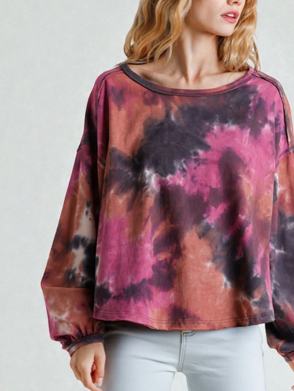 Umgee Pink Multi Tie-Dye Balloon Sleeve Sweatshirt